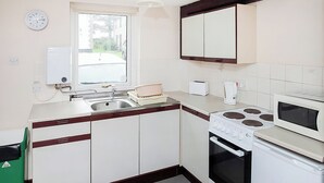 Una cocina compacta con lavamanos, estufa, microondas y ventana.