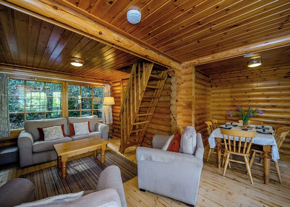 Living area - Timber lodge set in an elevated position with views of the lake. (Webbery, Bideford)