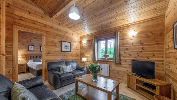 A wooden cabin interior with a sofa, a coffee table, a TV, and a window with curtains.