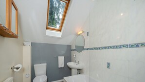 A bathroom with a toilet, sink, bathtub, and a skylight.