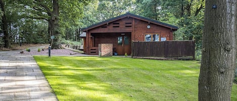 A wooden cabin with a stone pathway leading to it, surrounded by lush greenery.