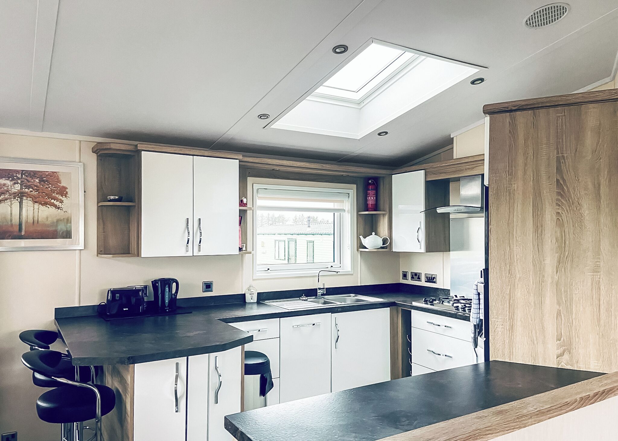 Fridge, oven, toaster, cookware/dishes/utensils