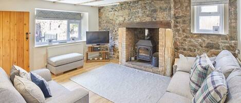 Televisio, takka, työhuone