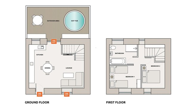 A ground floor layout with a dining area, lounge, kitchen, and outdoor hot tub. - Scrumpy is a two-storey cottage. (Watergate, Looe)
