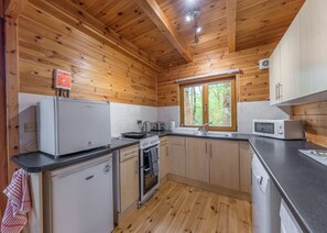 Cocina pequeña con paredes de madera, una ventana y electrodomésticos básicos.