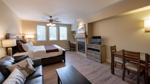 Quarto moderno e bem iluminado, com cama, escrivaninha, poltrona, televisão e lareira.