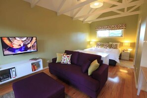 Een kamer met een bed, een slaapbank, een televisie en een nachtkastje.