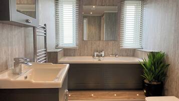 Une salle de bain moderne avec un grand lavabo, une baignoire, des toilettes et une plante en pot.