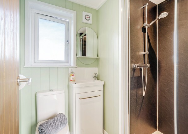 Un baño con inodoro, lavamanos, espejo y ducha.