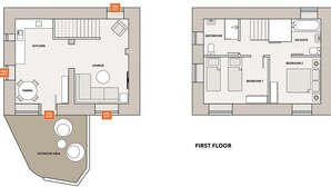 A first-floor layout with a kitchen, dining area, lounge, and outdoor space. - 1 bedroom accommodation in Watergate, Looe (Watergate, Looe)