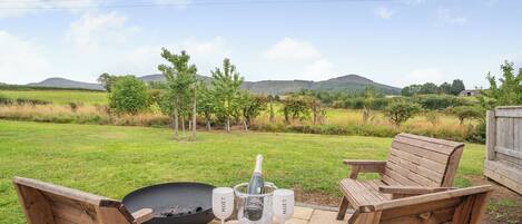 Un patio al aire libre con mobiliario de madera, una parrilla y una copa de vino con la etiqueta 'MOET' sobre una mesa.