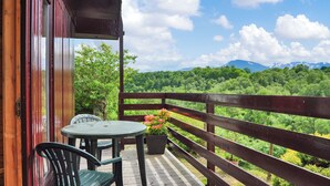 Um deck de madeira com mesa e cadeiras, um vaso de planta e vista para uma paisagem florestada com montanhas ao longe.