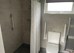 A bathroom with a shower, toilet, and handrails. - 1 bedroom accommodation in Hawes, (Hawes,)