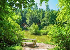 A picnic table by a pond with cabins in the background.