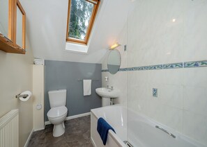 A bathroom with a toilet, sink, bathtub, and a skylight.
