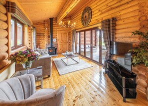 Flat-screen TV, fireplace