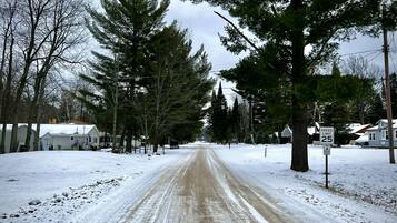 Une route enneigée bordée d’arbres et de maisons.
