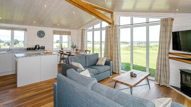 A spacious living area with a sofa, a coffee table, and a television. There is a kitchen area with a sink and cabinets, and large windows offering a view of the outdoors.