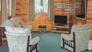 L’intérieur d’un chalet en bois, avec un ensemble de canapés, un téléviseur et un tableau encadré accroché au mur.