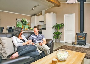 Flat-screen TV, fireplace