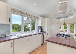 Een koelkast, een oven, een kookplaat, een vaatwasser