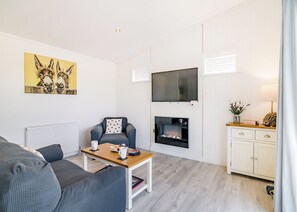 Ein modernes Wohnzimmer mit einer Couch, einem Couchtisch, einem Kamin, einem Fernseher und einem Schrank.