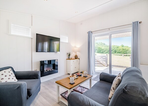 A modern living room with a fireplace, a television, and a view of the outdoors.