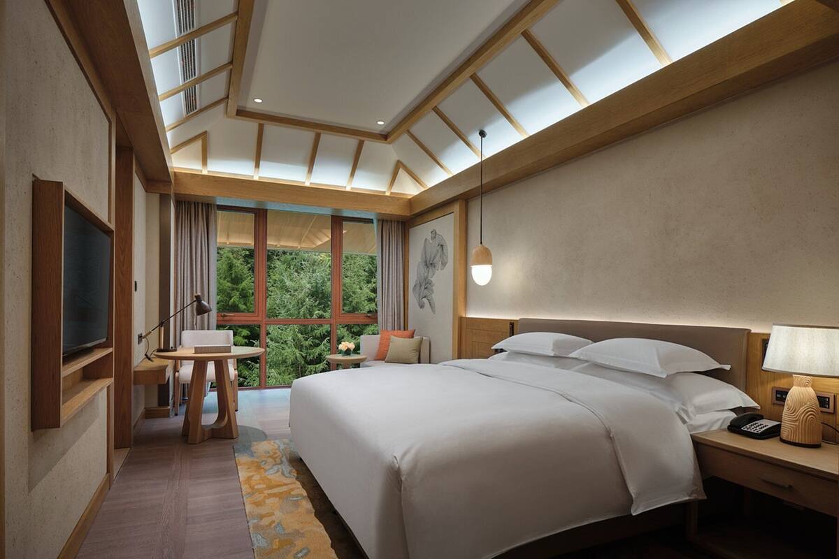Habitación de hotel moderna con una cama grande, un escritorio, un televisor y vistas a zonas verdes por las ventanas.