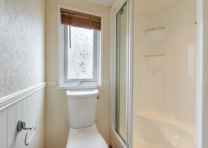 A bathroom with a toilet, a window with a patterned blind, and a shower area.
