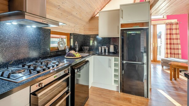 Eine Küche mit Gasherd, Backofen und Kühlschrank.