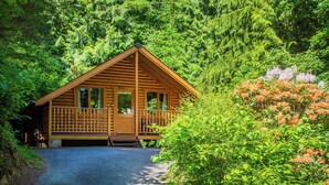 A wooden cabin with a porch, surrounded by dense greenery and trees.