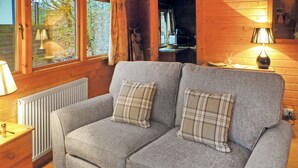 A grey sofa with plaid cushions in a wooden room with a window, a lamp, and a radiator. - Studio timber lodge with one double. (Kentisbeare, Nr Cullompton)