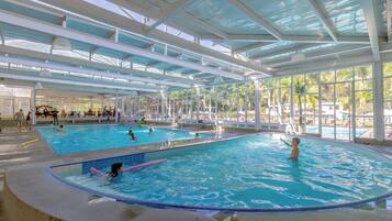 Indoor pool, outdoor pool, pool loungers