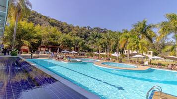 Indoor pool, outdoor pool, sun loungers