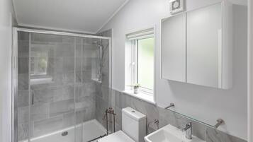 A modern bathroom with a glass-enclosed shower, a toilet, and two sinks.