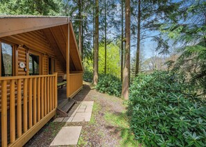 A wooden cabin with a porch, surrounded by dense forest.