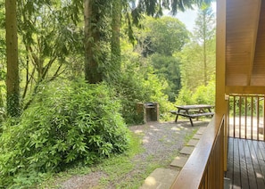 Une zone boisée équipée d’une table de pique-nique et d’un barbecue.