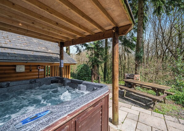 Outdoor dining - Timber lodge set in an elevated position with views of the lakes. (Webbery, Bideford)