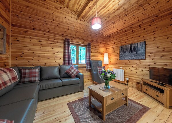 A cozy cabin interior with a sofa, armchair, wooden floor, lamp, TV, and a painting on the wall.