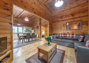 A wooden cabin interior with a dining area, sofa, TV, and a kitchen visible through an open doorway.