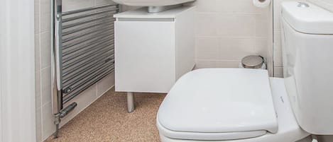 Un baño con inodoro, lavabo y toallero.