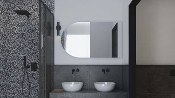 Chuveiro, chuveiro com efeito de chuva, produtos de toalete grátis