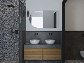 Shower, rainfall showerhead, free toiletries, hair dryer - JnV Luxury Villas (Chania)