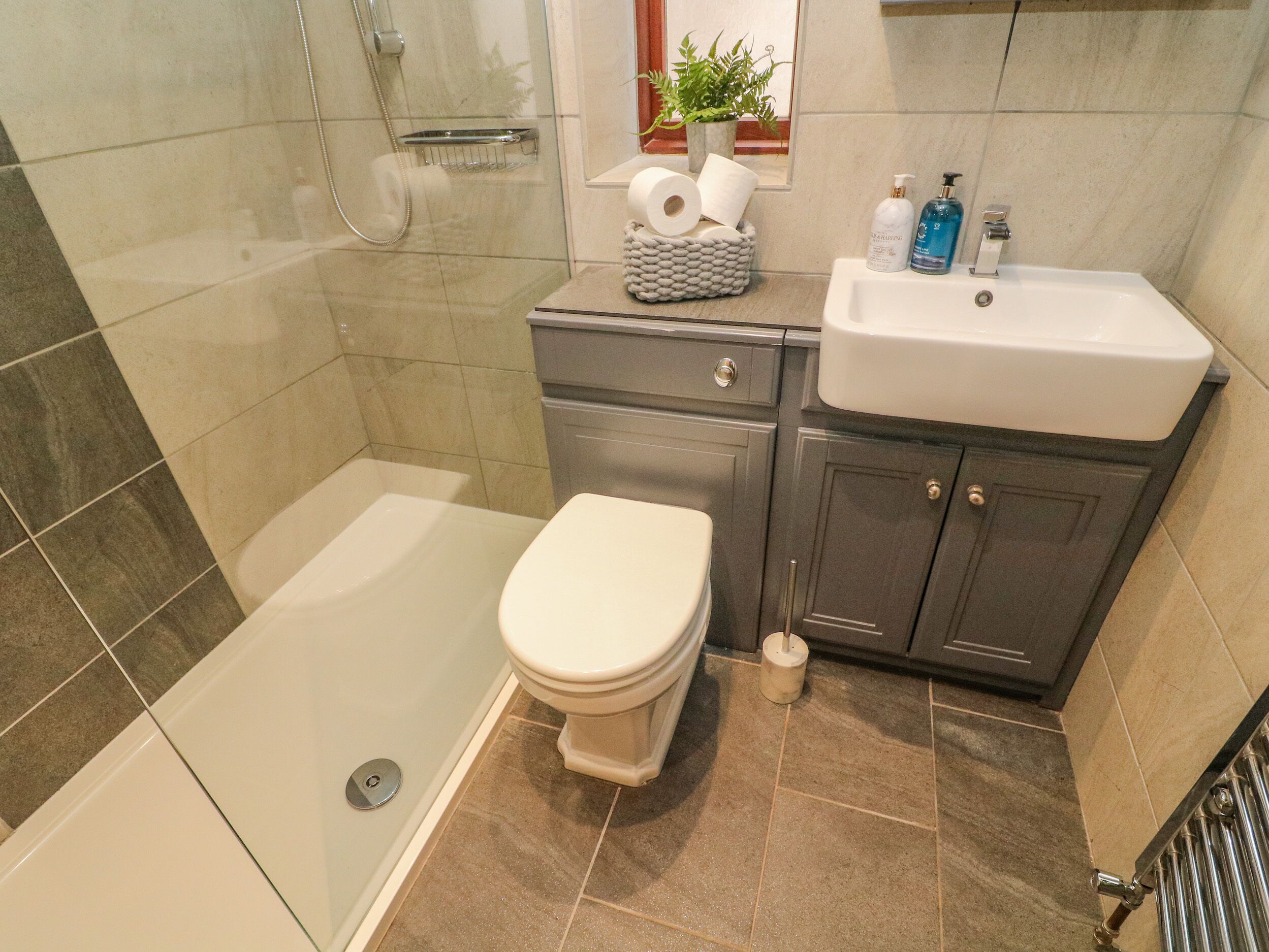 A bathroom with a shower, toilet, sink, and a small potted plant on the vanity.