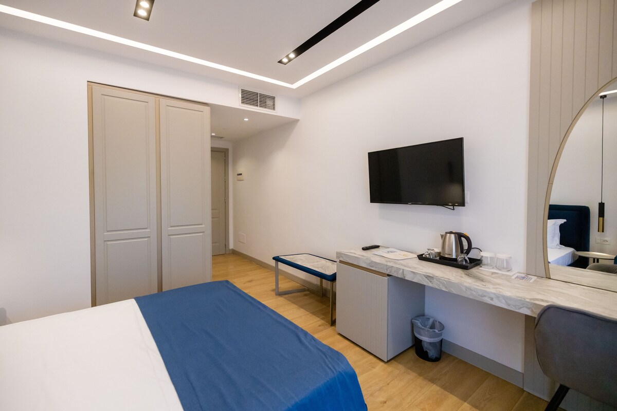Habitació d'hotel amb llit, escriptori, televisió i paperera.