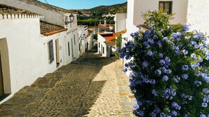 A narrow cobblestone street flanked by white buildings with terracotta roofs, leading to a hillside.