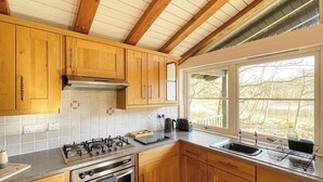 A kitchen with wooden cabinets, a gas stove, an oven, a window with a view of trees, and a sink.