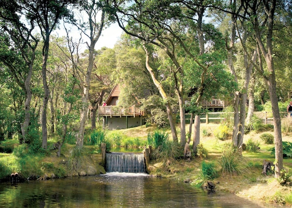 Ein Haus mit Holzterrasse und einem kleinen Wasserfall.