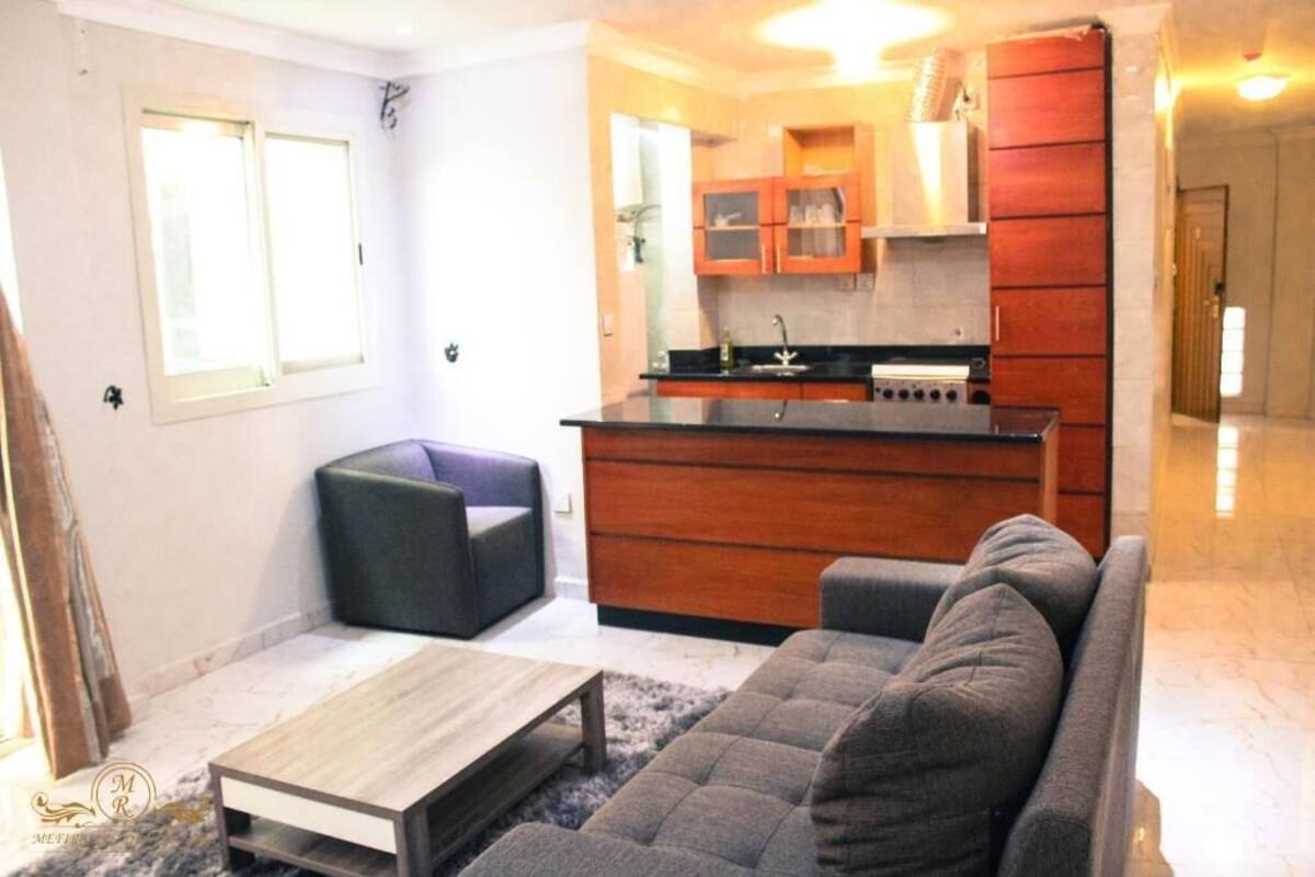 A compact living space with a kitchenette, a grey sofa, a small armchair, and a wooden coffee table.