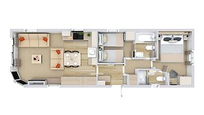 Hotellihuoneen pohjapiirros, jossa on oleskelutila, ruokailutila, keittiö, kylpyhuone ja makuuhuone.